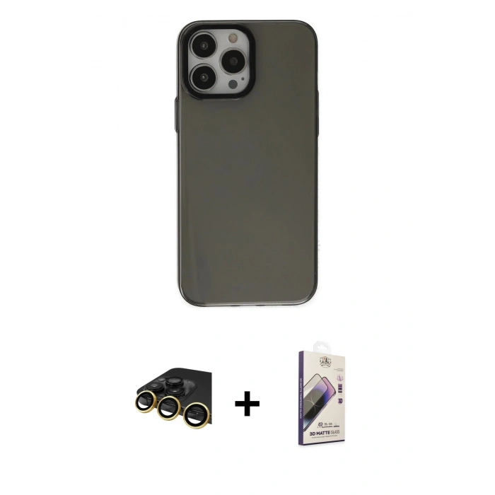 MARSİLYAN™- iPhone 13 Pro Max Kılıf Zirve Doku Koleksiyonu - Siyah Bilvis 3D Mat Cam Ekran Koruyucu + Raze Metal Kamera Lens - GD