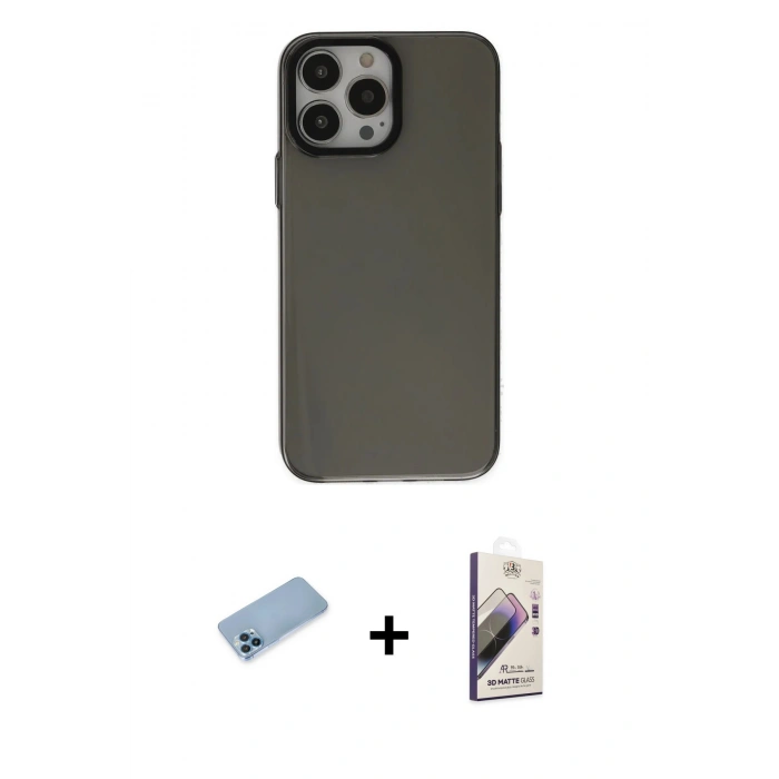MARSİLYAN™- iPhone 13 Pro Max Kılıf Zirve Doku Koleksiyonu - Siyah Bilvis 3D Mat Cam Ekran Koruyucu + Shine Kamera Lens Koruma Cam - MI