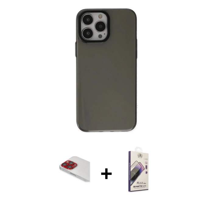MARSİLYAN™- iPhone 13 Pro Max Kılıf Zirve Doku Koleksiyonu - Siyah Bilvis 3D Mat Cam Ekran Koruyucu + Pers Alüminyum Kamera Lens - KI