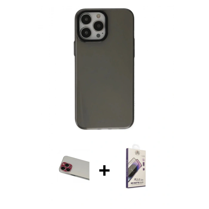 MARSİLYAN™- iPhone 13 Pro Max Kılıf Zirve Doku Koleksiyonu - Siyah Bilvis 3D Mat Cam Ekran Koruyucu + Rainbow Kamera Lens Koruma Cam - KI