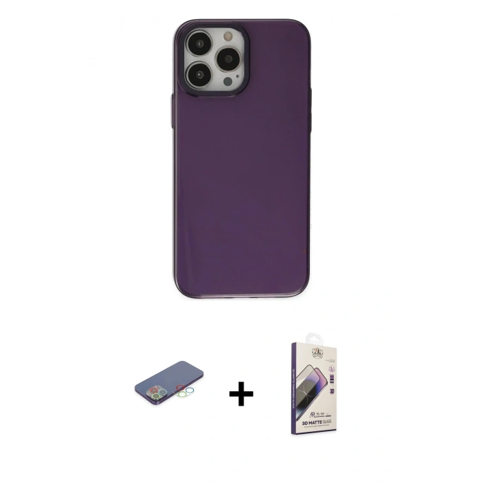 MARSİLYAN™- iPhone 13 Pro Max Kılıf Zirve Doku Koleksiyonu - Siyah Bilvis 3D Mat Cam Ekran Koruyucu + Renkli Kamera Lens Koruma Cam - MI