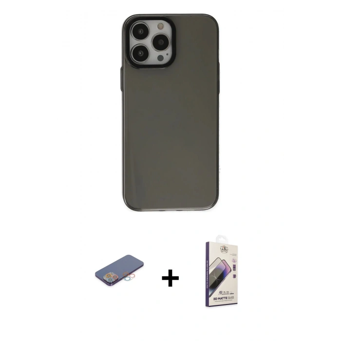 MARSİLYAN™- iPhone 13 Pro Max Kılıf Zirve Doku Koleksiyonu - Siyah Bilvis 3D Mat Cam Ekran Koruyucu + Renkli Kamera Lens Koruma Cam - PE