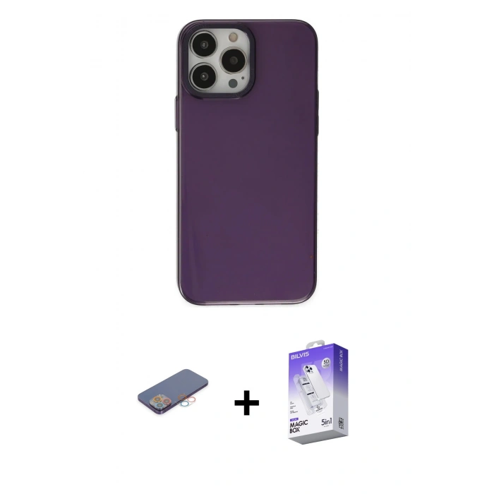 MARSİLYAN™- iPhone 13 Pro Max Kılıf Zirve Doku Koleksiyonu - Siyah Bilvis 5in1 3D Magic Cam Ekran Koruyucu + Renkli Kamera Lens Koruma Cam - PE