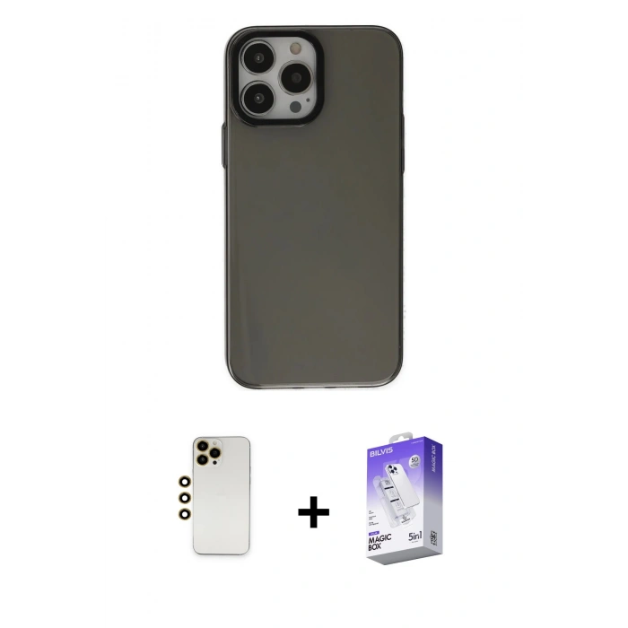 MARSİLYAN™- iPhone 13 Pro Max Kılıf Zirve Doku Koleksiyonu - Siyah Bilvis 5in1 3D Magic Cam Ekran Koruyucu + Gold Shine Kamera Lens