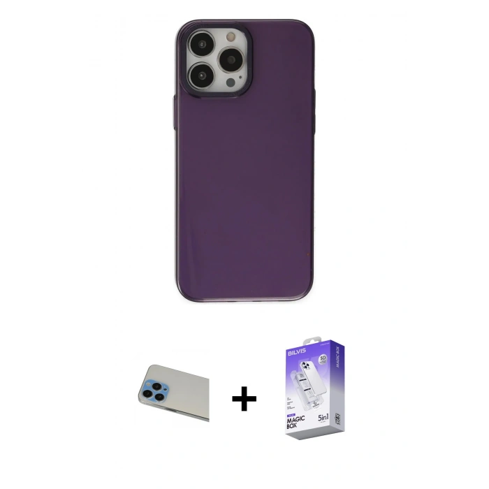 MARSİLYAN™- iPhone 13 Pro Max Kılıf Zirve Doku Koleksiyonu - Siyah Bilvis 5in1 3D Magic Cam Ekran Koruyucu + Rainbow Kamera Lens Koruma Cam - MI
