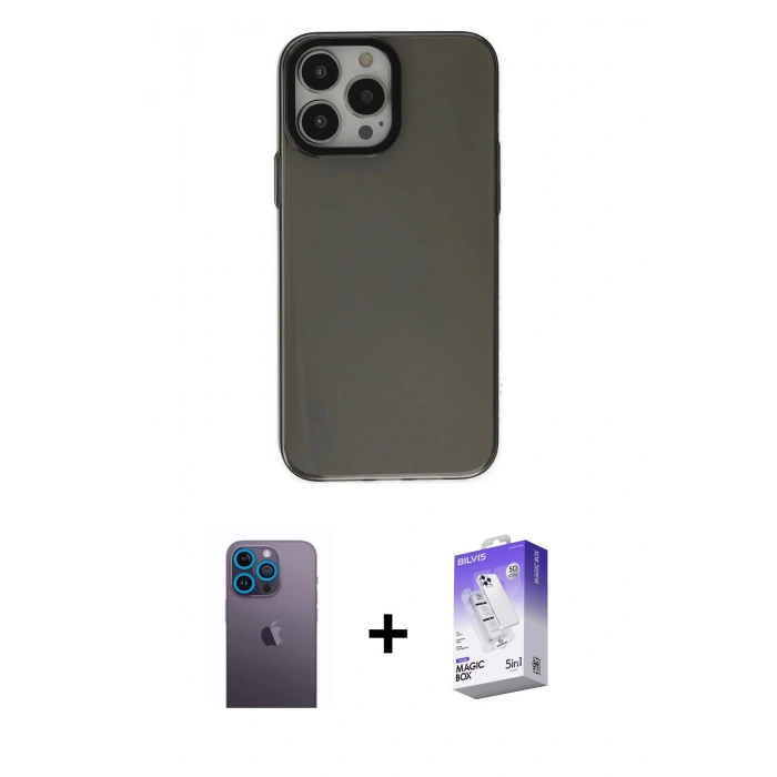 MARSİLYAN™- iPhone 13 Pro Max Kılıf Zirve Doku Koleksiyonu - Siyah Bilvis 5in1 3D Magic Cam Ekran Koruyucu + Mavi Neon Fosforlu Kamera Lens