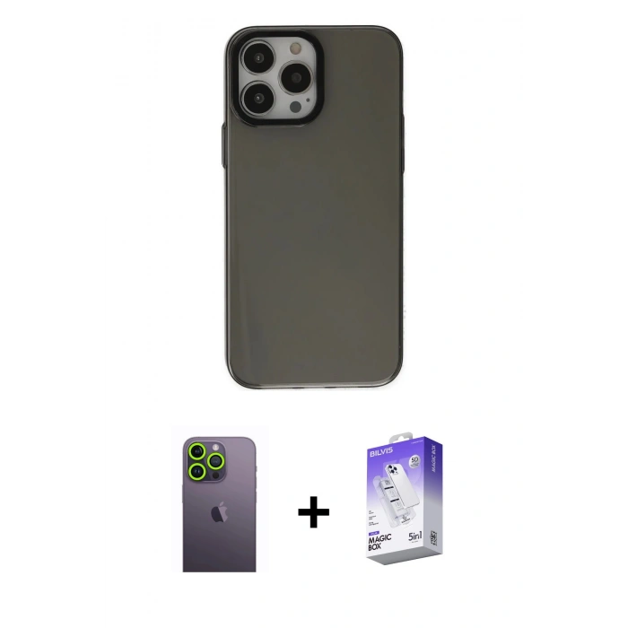 MARSİLYAN™- iPhone 13 Pro Max Kılıf Zirve Doku Koleksiyonu - Siyah Bilvis 5in1 3D Magic Cam Ekran Koruyucu + Neon Fosforlu Kamera Lens - YL