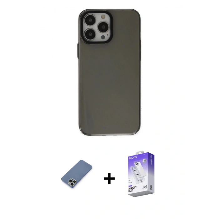 MARSİLYAN™- iPhone 13 Pro Max Kılıf Zirve Doku Koleksiyonu - Siyah Bilvis 5in1 3D Magic Cam Ekran Koruyucu + Metal Kamera Lens Koruma Cam - AKYL