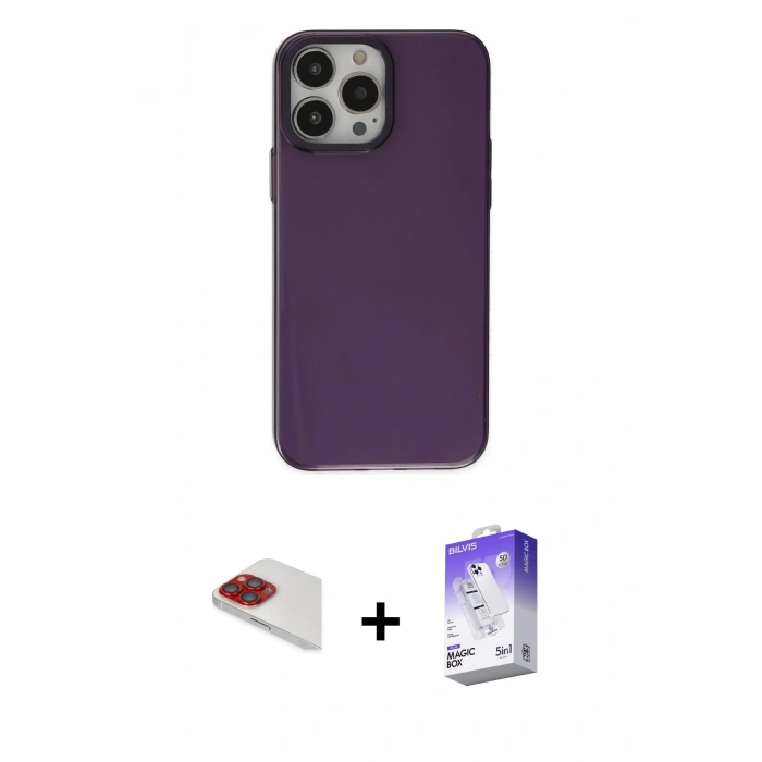 MARSİLYAN™- iPhone 13 Pro Max Kılıf Zirve Doku Koleksiyonu - Siyah Bilvis 5in1 3D Magic Cam Ekran Koruyucu + Pers Alüminyum Kamera Lens - KI