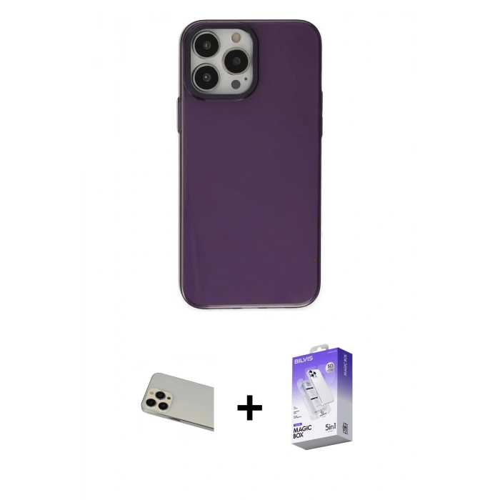 MARSİLYAN™- iPhone 13 Pro Max Kılıf Zirve Doku Koleksiyonu - Siyah Bilvis 5in1 3D Magic Cam Ekran Koruyucu + Rainbow Kamera Lens Koruma Cam - REGD