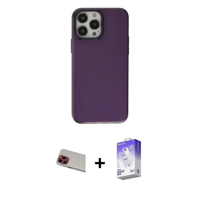 MARSİLYAN™- iPhone 13 Pro Max Kılıf Zirve Doku Koleksiyonu - Siyah Bilvis 5in1 3D Magic Cam Ekran Koruyucu + Rainbow Kamera Lens Koruma Cam - KI