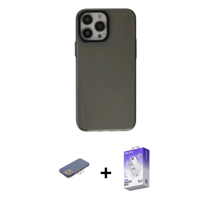 MARSİLYAN™- iPhone 13 Pro Max Kılıf Zirve Doku Koleksiyonu - Siyah Bilvis 5in1 3D Magic Cam Ekran Koruyucu + Renkli Kamera Lens Koruma Cam - PE