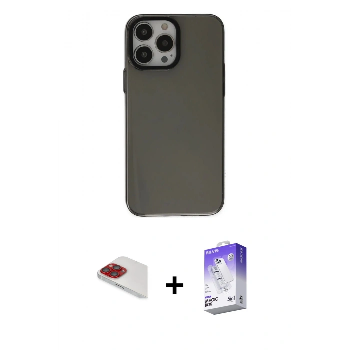 MARSİLYAN™- iPhone 13 Pro Max Kılıf Zirve Doku Koleksiyonu - Siyah Bilvis 5in1 3D Magic Cam Ekran Koruyucu + Pers Alüminyum Kamera Lens - KI