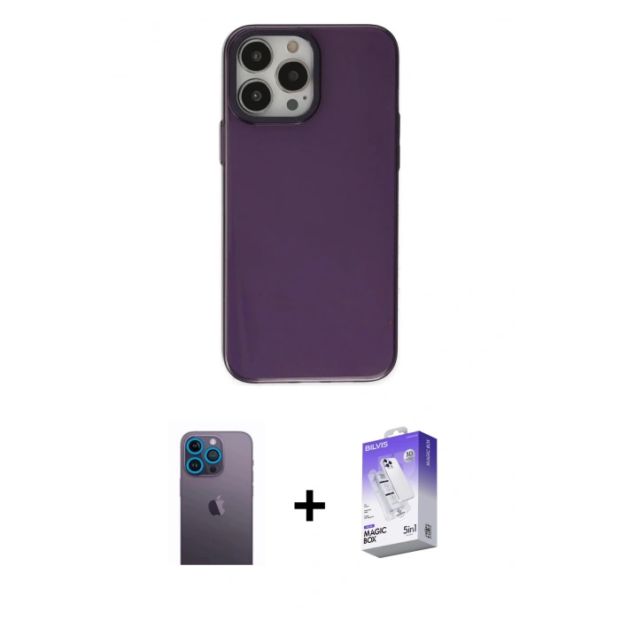 MARSİLYAN™- iPhone 13 Pro Max Kılıf Zirve Doku Koleksiyonu - Siyah Bilvis 5in1 3D Magic Cam Ekran Koruyucu + Mavi Neon Fosforlu Kamera Lens
