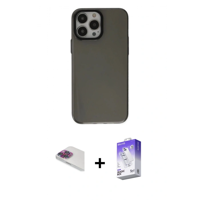 MARSİLYAN™- iPhone 13 Pro Max Kılıf Zirve Doku Koleksiyonu - Siyah Bilvis 5in1 3D Magic Cam Ekran Koruyucu + Pers Alüminyum Kamera Lens - GI