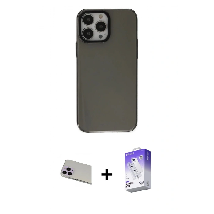 MARSİLYAN™- iPhone 13 Pro Max Kılıf Zirve Doku Koleksiyonu - Siyah Bilvis 5in1 3D Magic Cam Ekran Koruyucu + Rainbow Kamera Lens Koruma Cam - MR