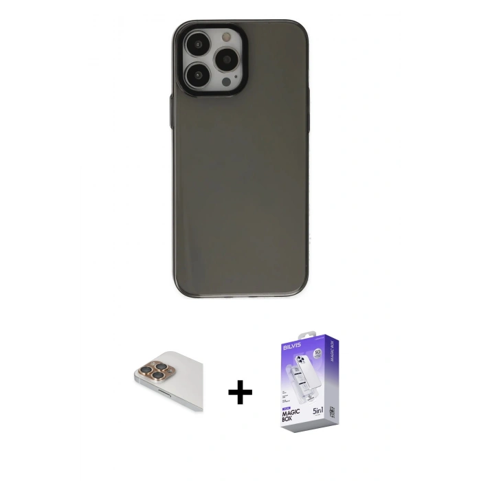MARSİLYAN™- iPhone 13 Pro Max Kılıf Zirve Doku Koleksiyonu - Siyah Bilvis 5in1 3D Magic Cam Ekran Koruyucu + Pers Alüminyum Kamera Lens - GD