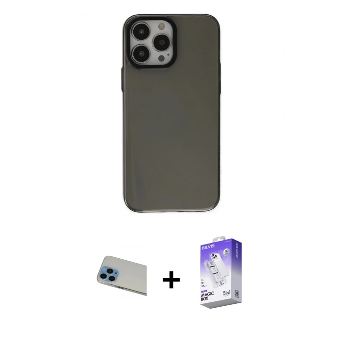 MARSİLYAN™- iPhone 13 Pro Max Kılıf Zirve Doku Koleksiyonu - Siyah Bilvis 5in1 3D Magic Cam Ekran Koruyucu + Rainbow Kamera Lens Koruma Cam - MI