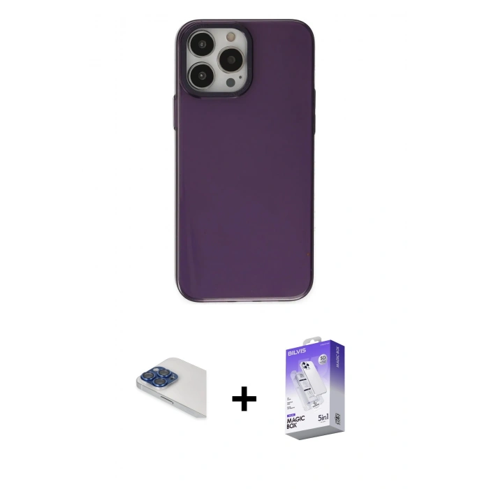 MARSİLYAN™- iPhone 13 Pro Max Kılıf Zirve Doku Koleksiyonu - Siyah Bilvis 5in1 3D Magic Cam Ekran Koruyucu + Pers Alüminyum Kamera Lens - LT