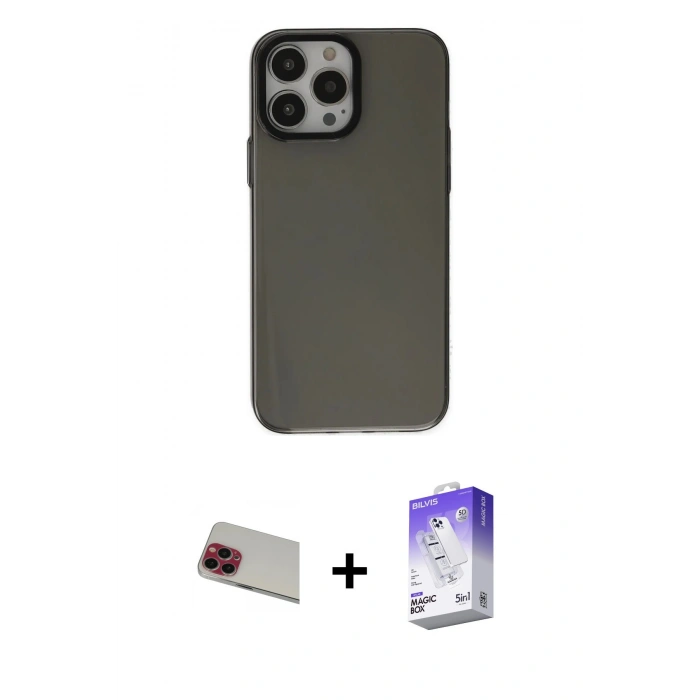 MARSİLYAN™- iPhone 13 Pro Max Kılıf Zirve Doku Koleksiyonu - Siyah Bilvis 5in1 3D Magic Cam Ekran Koruyucu + Rainbow Kamera Lens Koruma Cam - KI