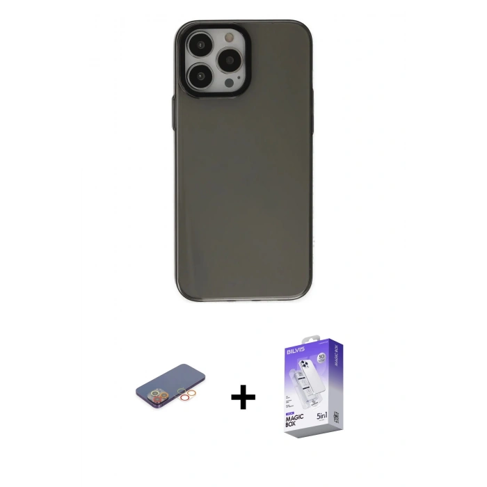 MARSİLYAN™- iPhone 13 Pro Max Kılıf Zirve Doku Koleksiyonu - Siyah Bilvis 5in1 3D Magic Cam Ekran Koruyucu + Renkli Kamera Lens Koruma Cam - TU