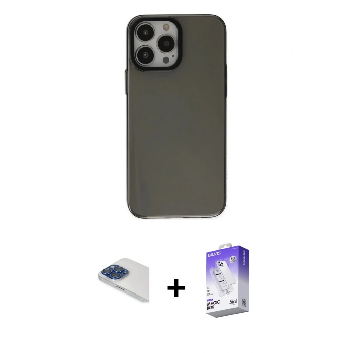 MARSİLYAN™- iPhone 13 Pro Max Kılıf Zirve Doku Koleksiyonu - Siyah Bilvis 5in1 3D Magic Cam Ekran Koruyucu + Pers Alüminyum Kamera Lens - LT