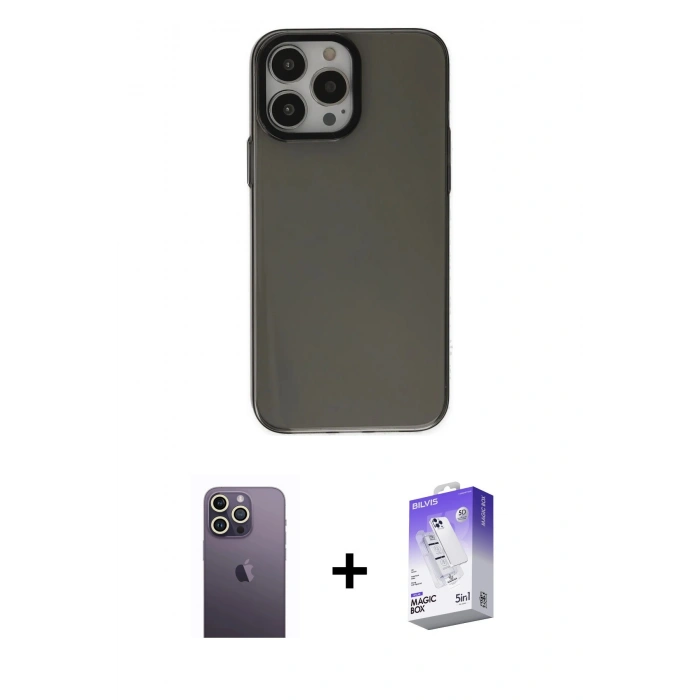 MARSİLYAN™- iPhone 13 Pro Max Kılıf Zirve Doku Koleksiyonu - Siyah Bilvis 5in1 3D Magic Cam Ekran Koruyucu + Neon Fosforlu Kamera Lens - BZ