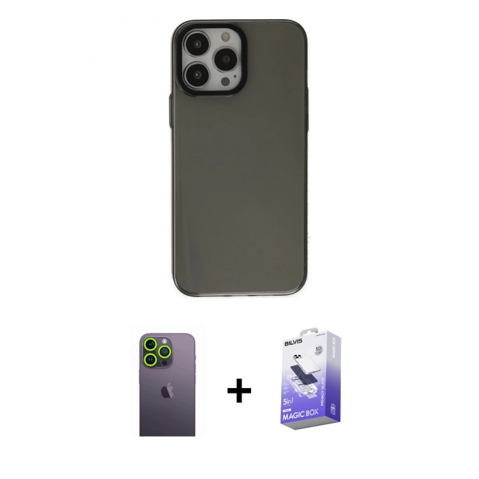 MARSİLYAN™- iPhone 13 Pro Max Kılıf Zirve Doku Koleksiyonu - Siyah Bilvis 5in1 5D Magic Hayalet Cam Ekran Koruyucu + Neon Fosforlu Kamera Lens - YL