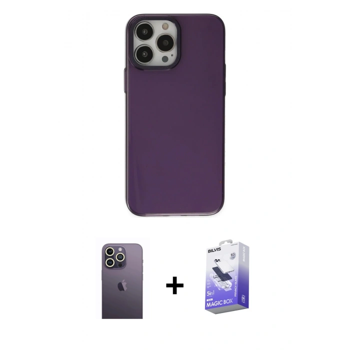 MARSİLYAN™- iPhone 13 Pro Max Kılıf Zirve Doku Koleksiyonu - Siyah Bilvis 5in1 5D Magic Hayalet Cam Ekran Koruyucu + Neon Fosforlu Kamera Lens - BZ