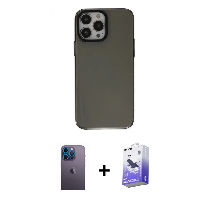 MARSİLYAN™- iPhone 13 Pro Max Kılıf Zirve Doku Koleksiyonu - Siyah Bilvis 5in1 5D Magic Hayalet Cam Ekran Koruyucu + Neon Fosforlu Kamera Lens - MI