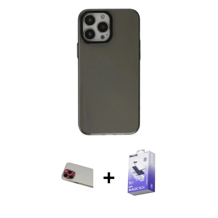 MARSİLYAN™- iPhone 13 Pro Max Kılıf Zirve Doku Koleksiyonu - Siyah Bilvis 5in1 5D Magic Hayalet Cam Ekran Koruyucu + Rainbow Kamera Lens Koruma Cam - KI