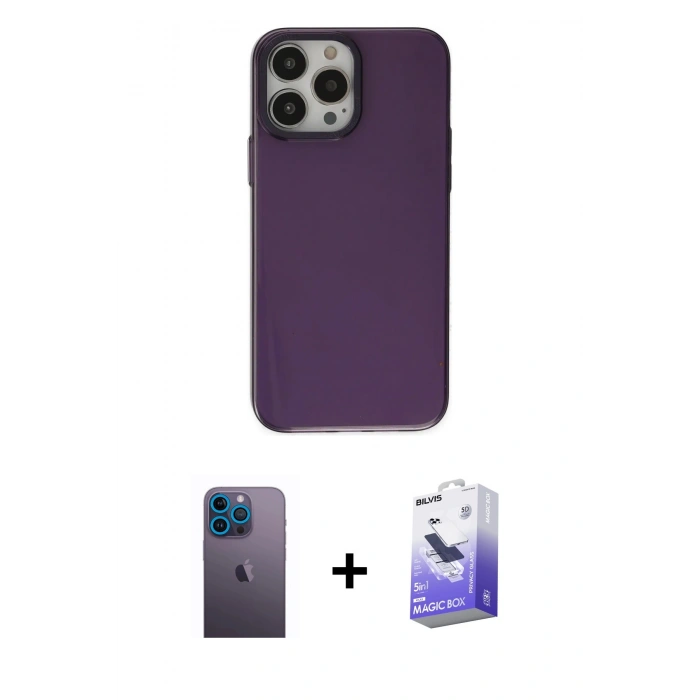 MARSİLYAN™- iPhone 13 Pro Max Kılıf Zirve Doku Koleksiyonu - Siyah Bilvis 5in1 5D Magic Hayalet Cam Ekran Koruyucu + Neon Fosforlu Kamera Lens - MI