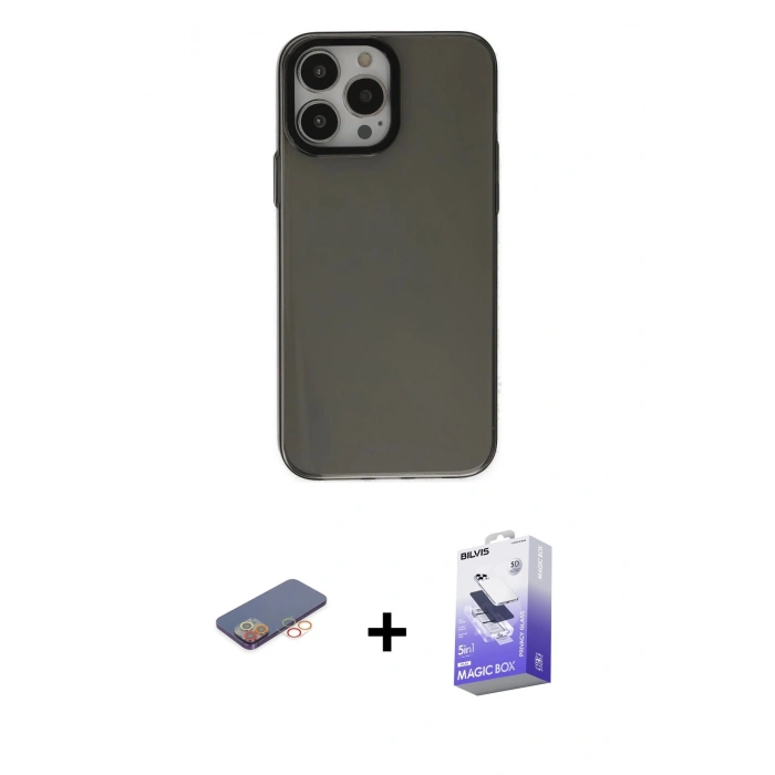 MARSİLYAN™- iPhone 13 Pro Max Kılıf Zirve Doku Koleksiyonu - Siyah Bilvis 5in1 5D Magic Hayalet Cam Ekran Koruyucu + Turuncu Renkli Kamera Lens Koruma Cam