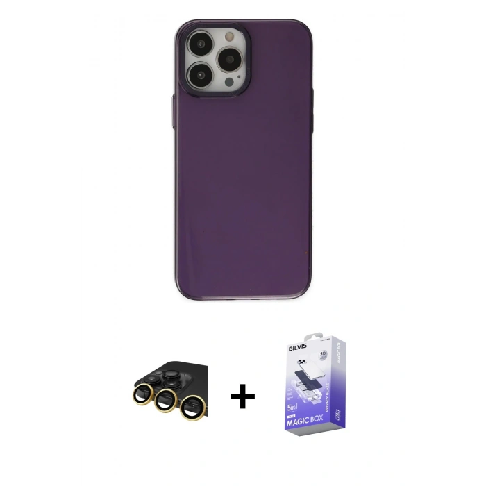 MARSİLYAN™- iPhone 13 Pro Max Kılıf Zirve Doku Koleksiyonu - Siyah Bilvis 5in1 5D Magic Hayalet Cam Ekran Koruyucu + Gold Raze Metal Kamera Lens