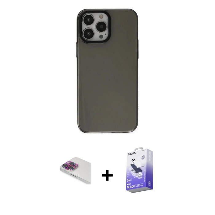 MARSİLYAN™- iPhone 13 Pro Max Kılıf Zirve Doku Koleksiyonu - Siyah Bilvis 5in1 5D Magic Hayalet Cam Ekran Koruyucu + Pers Alüminyum Kamera Lens - GI