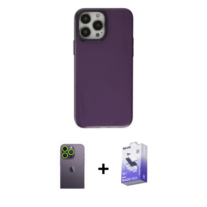 MARSİLYAN™- iPhone 13 Pro Max Kılıf Zirve Doku Koleksiyonu - Siyah Bilvis 5in1 5D Magic Hayalet Cam Ekran Koruyucu + Neon Fosforlu Kamera Lens - YL