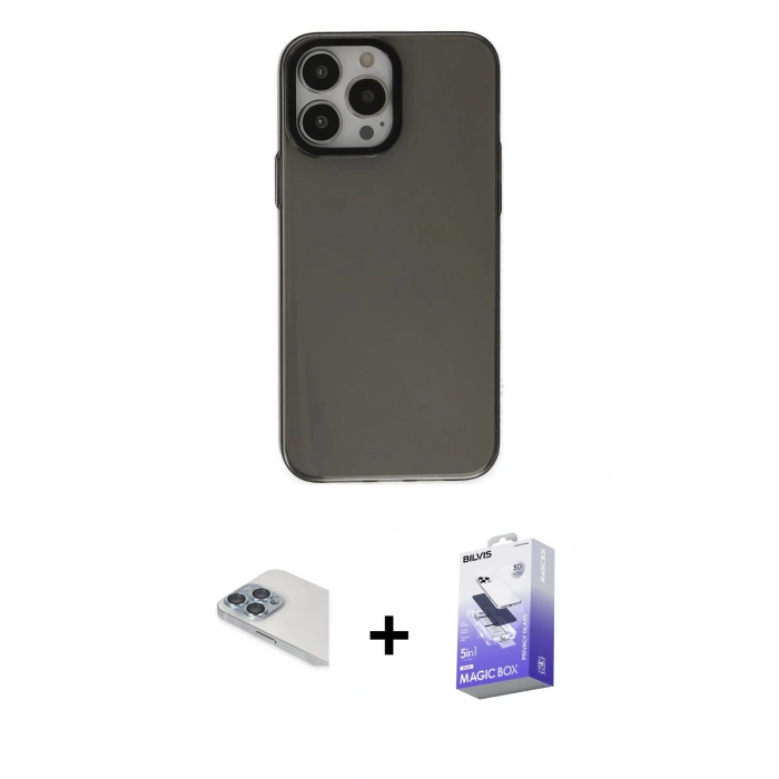 MARSİLYAN™- iPhone 13 Pro Max Kılıf Zirve Doku Koleksiyonu - Siyah Bilvis 5in1 5D Magic Hayalet Cam Ekran Koruyucu + Pers Alüminyum Kamera Lens - SABE
