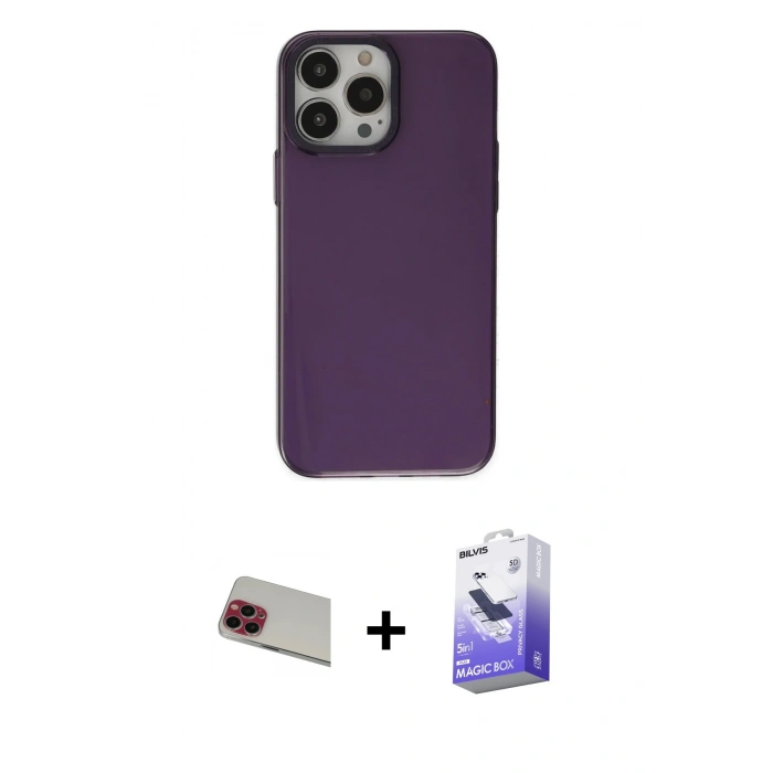 MARSİLYAN™- iPhone 13 Pro Max Kılıf Zirve Doku Koleksiyonu - Siyah Bilvis 5in1 5D Magic Hayalet Cam Ekran Koruyucu + Rainbow Kamera Lens Koruma Cam - KI