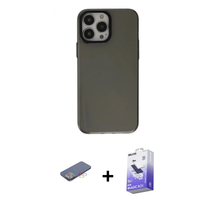 MARSİLYAN™- iPhone 13 Pro Max Kılıf Zirve Doku Koleksiyonu - Siyah Bilvis 5in1 5D Magic Hayalet Cam Ekran Koruyucu + Renkli Kamera Lens Koruma Cam - MI