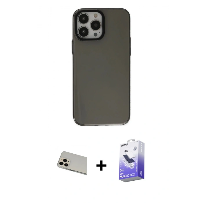 MARSİLYAN™- iPhone 13 Pro Max Kılıf Zirve Doku Koleksiyonu - Siyah Bilvis 5in1 5D Magic Hayalet Cam Ekran Koruyucu + Rainbow Kamera Lens Koruma Cam - REGD