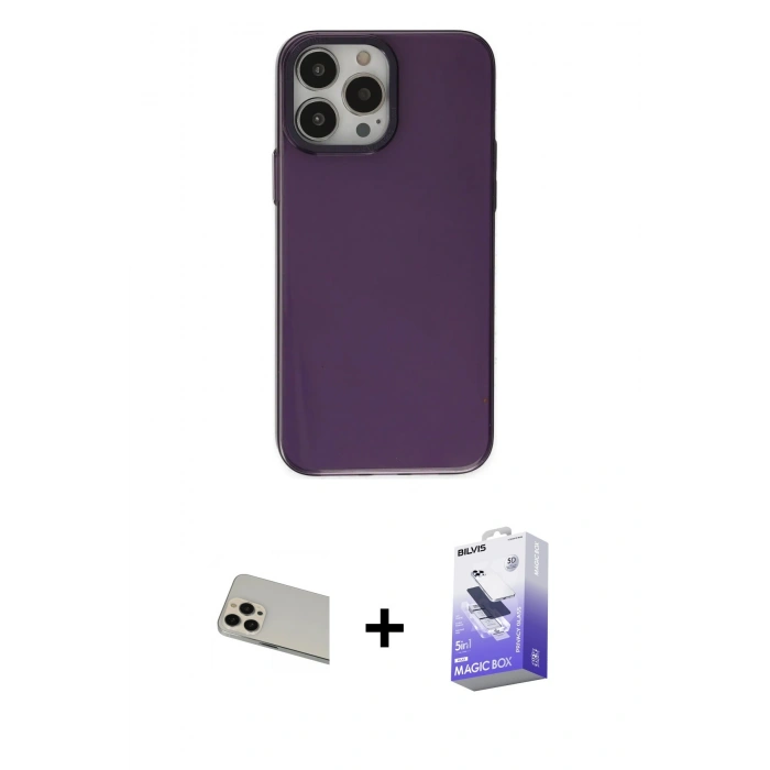MARSİLYAN™- iPhone 13 Pro Max Kılıf Zirve Doku Koleksiyonu - Siyah Bilvis 5in1 5D Magic Hayalet Cam Ekran Koruyucu + Rainbow Kamera Lens Koruma Cam - REGD