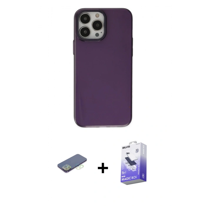 MARSİLYAN™- iPhone 13 Pro Max Kılıf Zirve Doku Koleksiyonu - Siyah Bilvis 5in1 5D Magic Hayalet Cam Ekran Koruyucu + Yeşil Renkli Kamera Lens Koruma Cam