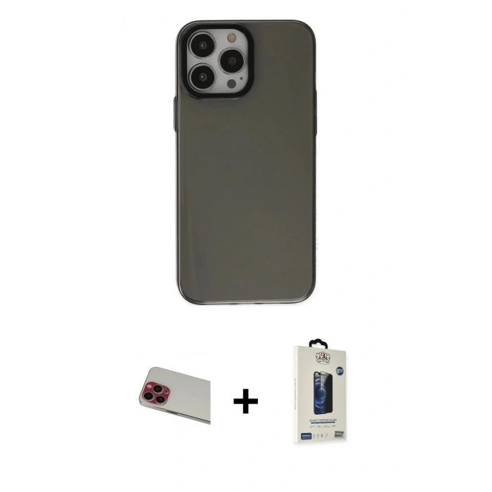 MARSİLYAN™- iPhone 13 Pro Max Kılıf Zirve Doku Koleksiyonu - Siyah Bilvis Hayalet Cam Ekran Koruyucu + Rainbow Kamera Lens Koruma Cam - KI
