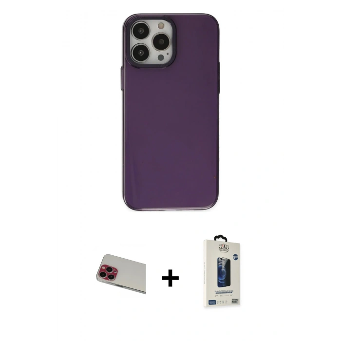 MARSİLYAN™- iPhone 13 Pro Max Kılıf Zirve Doku Koleksiyonu - Siyah Bilvis Hayalet Cam Ekran Koruyucu + Rainbow Kamera Lens Koruma Cam - KI