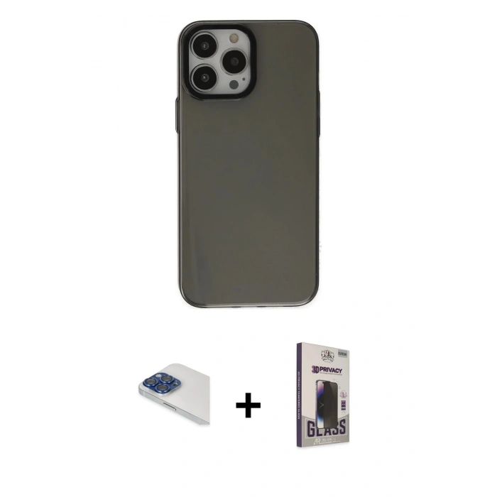 MARSİLYAN™- iPhone 13 Pro Max Kılıf Zirve Doku Koleksiyonu - Siyah Bilvis Hayalet Cam Ekran Koruyucu + Pers Alüminyum Kamera Lens - LT