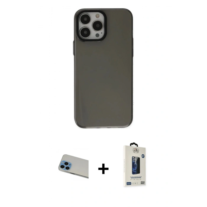 MARSİLYAN™- iPhone 13 Pro Max Kılıf Zirve Doku Koleksiyonu - Siyah Bilvis Hayalet Cam Ekran Koruyucu + Rainbow Kamera Lens Koruma Cam - MI