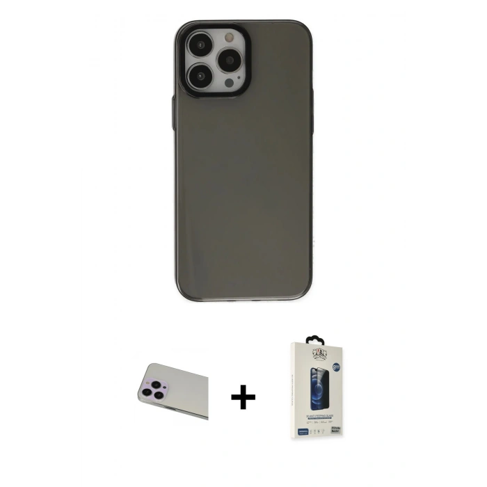 MARSİLYAN™- iPhone 13 Pro Max Kılıf Zirve Doku Koleksiyonu - Siyah Bilvis Hayalet Cam Ekran Koruyucu + Rainbow Kamera Lens Koruma Cam - MR