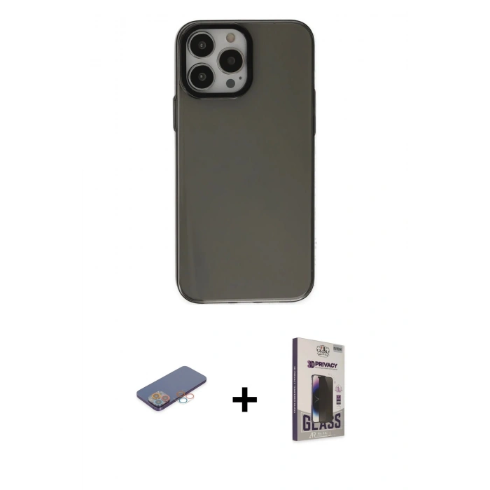 MARSİLYAN™- iPhone 13 Pro Max Kılıf Zirve Doku Koleksiyonu - Siyah Bilvis Hayalet Cam Ekran Koruyucu + Renkli Kamera Lens Koruma Cam - PE