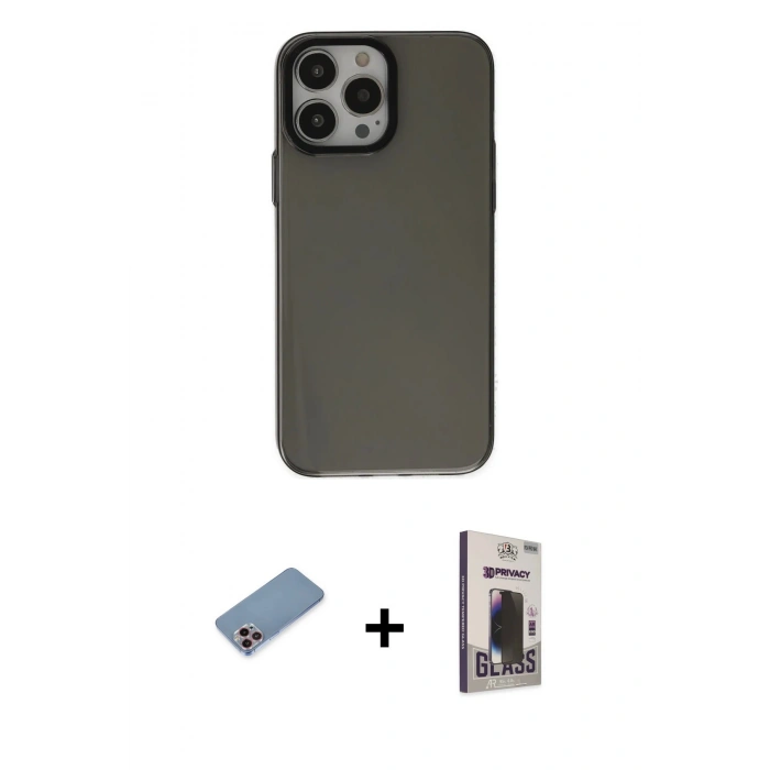 MARSİLYAN™- iPhone 13 Pro Max Kılıf Zirve Doku Koleksiyonu - Siyah Bilvis Hayalet Cam Ekran Koruyucu + Shine Kamera Lens Koruma Cam - PE