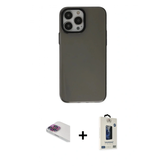 MARSİLYAN™- iPhone 13 Pro Max Kılıf Zirve Doku Koleksiyonu - Siyah Bilvis Hayalet Cam Ekran Koruyucu + Pers Alüminyum Kamera Lens - GI